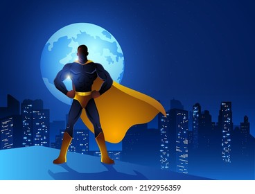 Silhouette Of A Superhero Standing On The Edge Of A Building With Night Cityscape And Full Moon As The Background