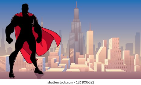 Silhouette of superhero standing tall on city background with copy space.