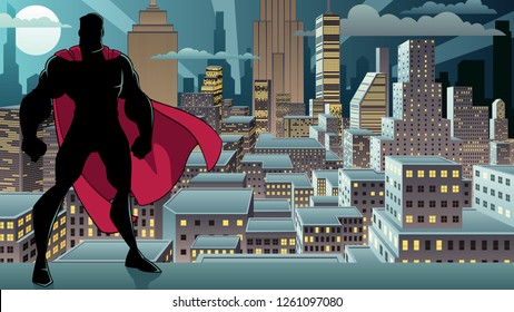 Silhouette de superhéroe alto con fondo de ciudad con espacio para copiar.