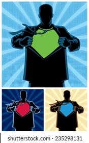 Silhouette of superhero under cover with copy space for your logo on his chest. 3 different color versions. No transparency and gradients used. 