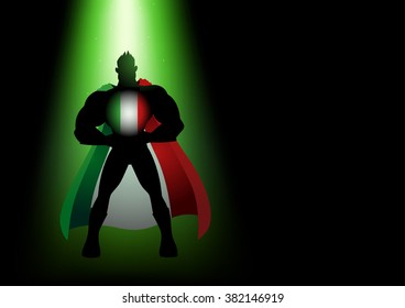 Silhouette of a superhero under green light with Italy insignia