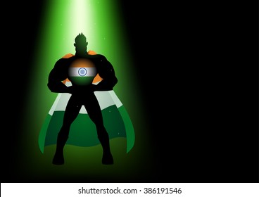 Silhouette of a superhero under green light with India insignia