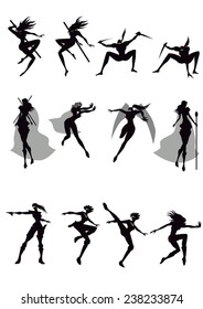 silhouette of superheros, fighting women, ninja, fighter, knight, action