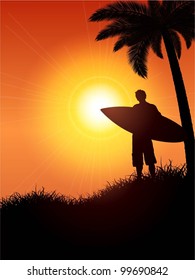 Silhouette of a surfer against a tropical background