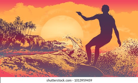 Silhouette Surfer, Big Wave  And Tropical Coast With Palm Trees, Rocks And Sun. aspect ratio 16:9. Vector Illustration