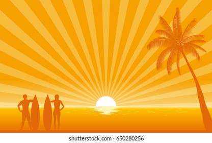 Silhouette surfer carrying surfboard on beach with sun shine ray background