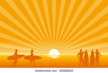 Silhouette surfer carrying surfboard on beach with sun shine ray background