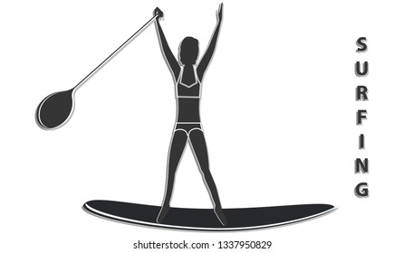 Silhouette of a surfer girl with a paddle on a surfboard - isolated on white background - vector