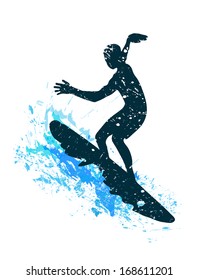 silhouette of a surfer in grunge style splashes