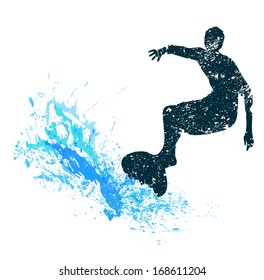 silhouette of a surfer in grunge style splashes