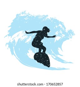 silhouette of a surfer in grunge style splashes