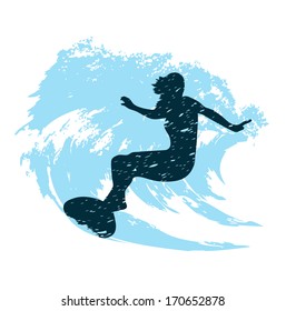 silhouette of a surfer in grunge style splashes