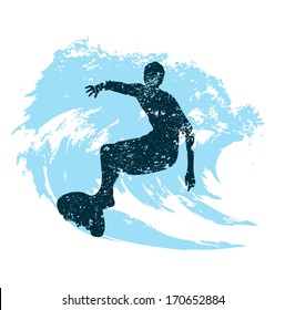 silhouette of a surfer in grunge style splashes