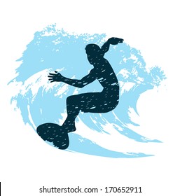 silhouette of a surfer in grunge style splashes