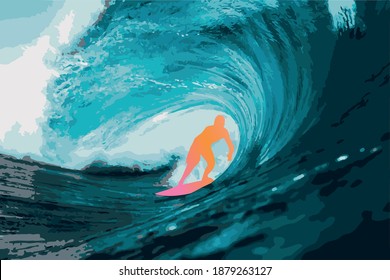 Silhouette of a surfer inside a wave in the ocean. Wave tube, vector image. 