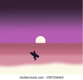 Silhouette of surfer man on the beach at sunset vector. Vintage filter effect. Tourists on vacation on ocean.