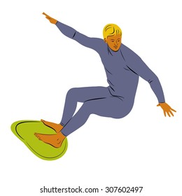 silhouette surfer man on surfboard, color sketch, white background 