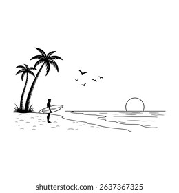 Silhouette of a surfer on a beach with palm trees at sunset in black and white