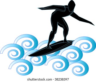 Silhouette surfer on curvy waves, illustration vector