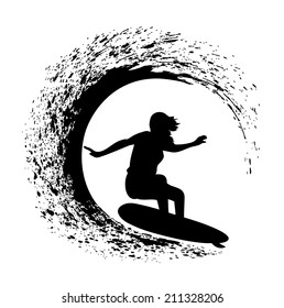 silhouette of the surfer on an ocean wave in style grunge