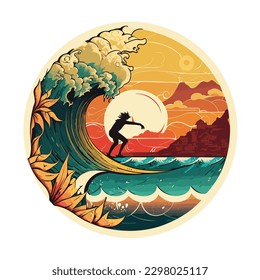 Silhouette of the surfer on an ocean wave in cartoon style. People water sport lessons and beach swimming activity on summer vacation. white background, vector illustration, label, sticker