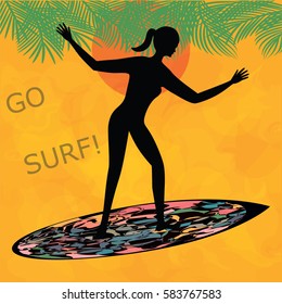 silhouette of a surfer on a surfboard palm bright orange background decorative art abstract creative vector illustration of a flat style