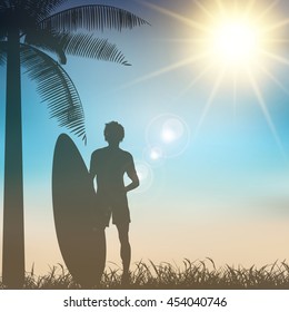 Silhouette of a surfer on a tropical background