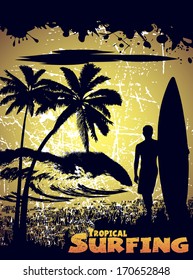 silhouette of a surfer on a tropical beach in grunge style