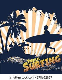 silhouette of a surfer on a tropical beach in grunge style