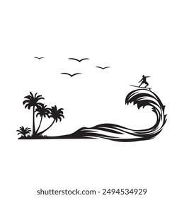 Silhouette of a surfer on a wave near the beach with palm trees
