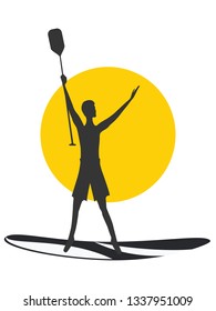 Silhouette of a surfer with a paddle on a surfboard, yellow sun - isolated on white background - vector