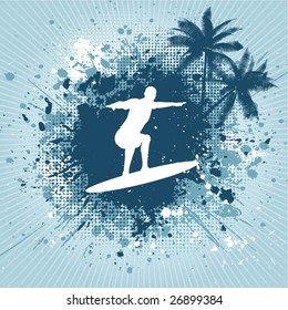 Silhouette of a surfer and palm trees on grunge background