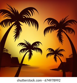 Silhouette of a surfer and palm trees at sunset