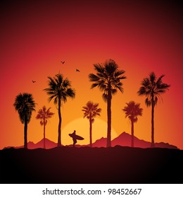 Silhouette of a surfer and palm trees at sunset