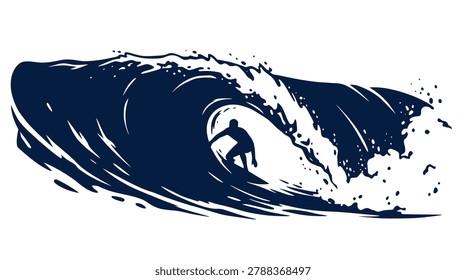 Silhouette of a surfer riding inside a big ocean wave barrel vector illustration