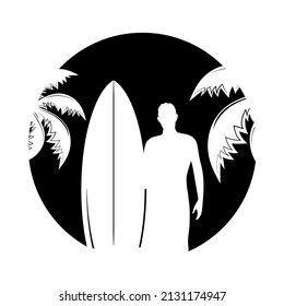 silhouette of surfer round badge