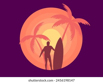 Silhouette of a surfer with a surfboard against a background of sunset with palm trees. Romantic sunset with a silhouette of two palm trees and a surfer. Vector illustration