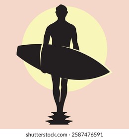 Silhouette of Surfer with Surfboard Against Sun Background