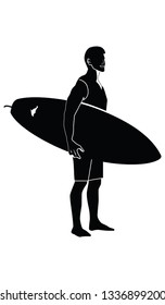 Silhouette of a surfer with a surfboard - isolated on white background - flat style - vector