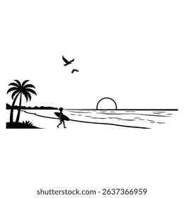 Silhouette of a surfer walking on the beach towards the sunset with palm tree and birds