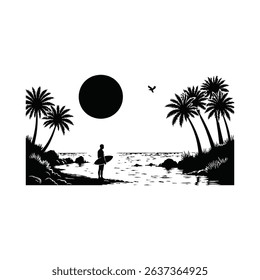 Silhouette of a surfer watching the sunset with palm trees by the ocean water