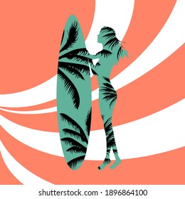 Silhouette of surfer woman on geometric white orange background. Surf Girl with Tropical Pattern