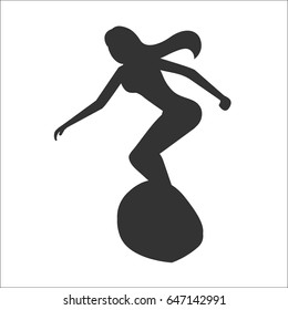 Silhouette of surfer woman riding on surfboard