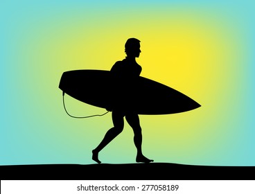 Silhouette of a Surfer in Yellow Green Background. Editable EPS10 Illustration.