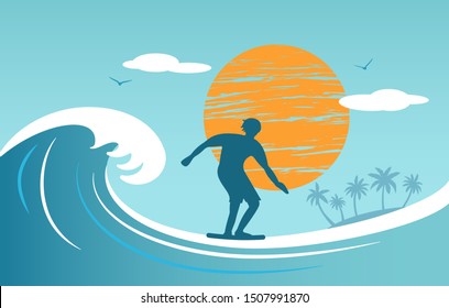 Silhouette of a surfer young man on the background of a large wave in the ocean, palm trees and the sun. summer vacation and hobby concept. vector illustration