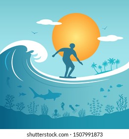 Silhouette of a surfer young man on the background of a large wave in the ocean, palm trees and the sun. summer vacation and hobby concept. vector illustration