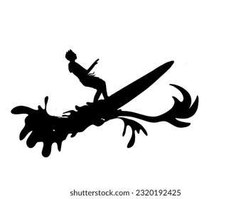 The silhouette of a surfers is in action on the waves of the sea with a white background