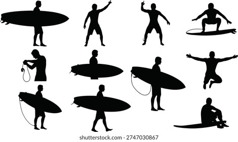 Silhouette surfers in dynamic poses with boards, surfing stances vector illustration collection for ocean sport, lifestyle, and design projects