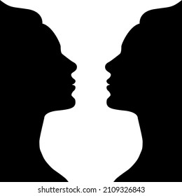 Silhouette of a surrealistic couple,  two lovers. Happy valentines day vector illustration isolated on white background. Abstraction vase, optical illusion. Duality concept 