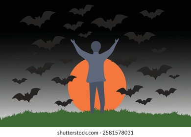 silhouette surrounded by bats flying